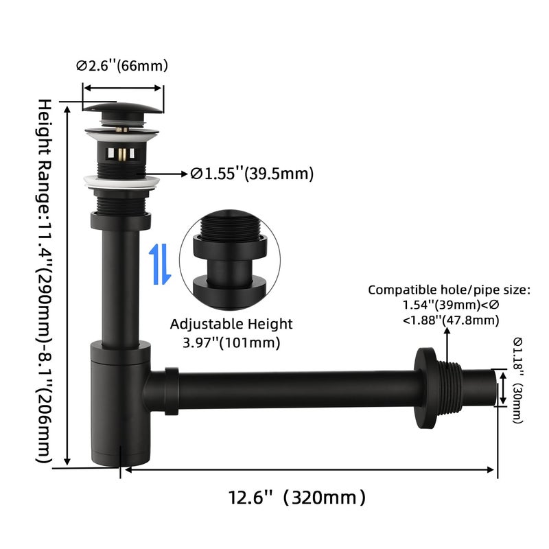 GORDEE Bathroom Sink Stopper P-Trap Complete Set Adjustable Bottle Trap Solid Brass Sink Drain Kit Tube and Pop Up Drain Stopper Set with Overflow, Matte Black - Image 3